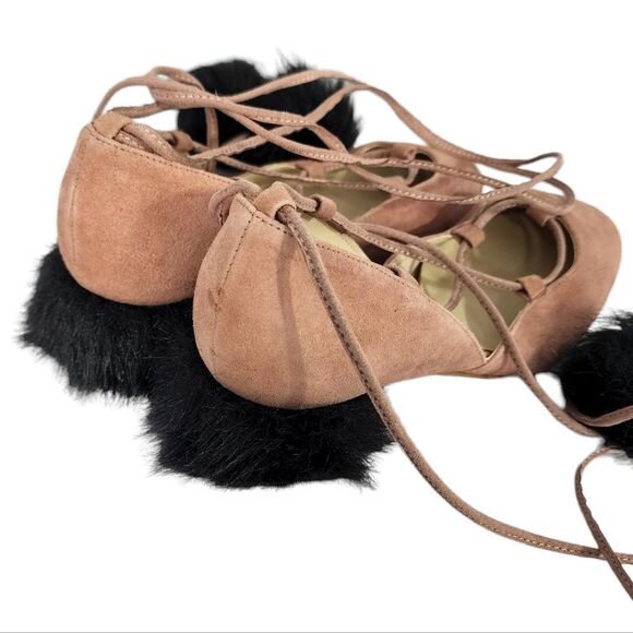 Zara Basic Collection Suede Pom Pom Fur Tie Lace Up Heels Blush 35 5 - Picture 5 of 7